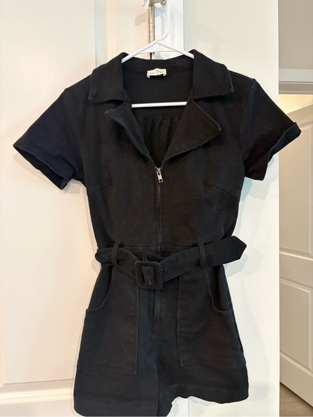 Black Short-Sleeve Zip Romper with Belt